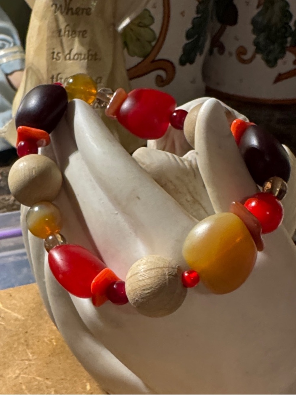 Chunky Stretch Bracelet Red, Amber and Natural Wood Beads Caramel Apples
